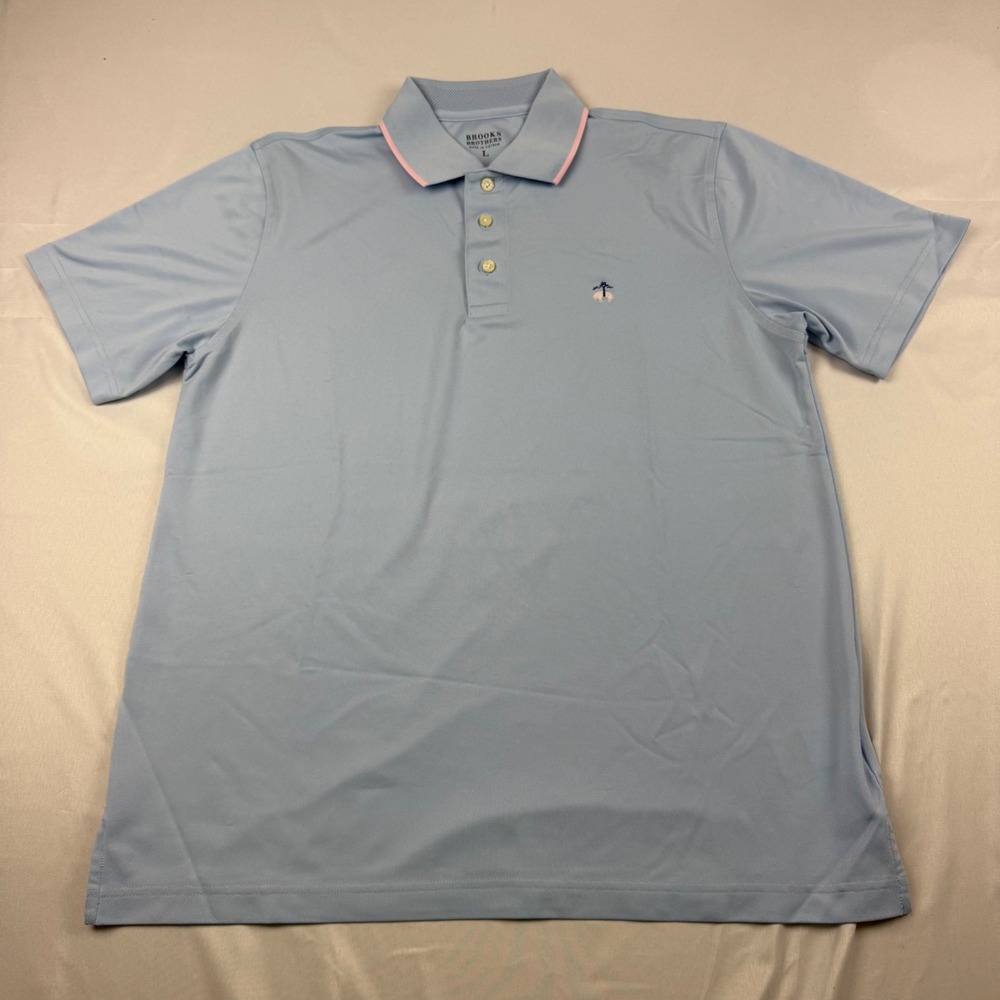 Brooks Brothers Polo Shirt Mens L Blue Pink Tipped Performance Short Sleeve